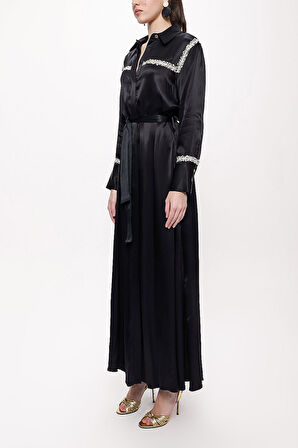 Siyah Şerit aksesuarlı kemerli uzun gömlek elbise 94153 | S