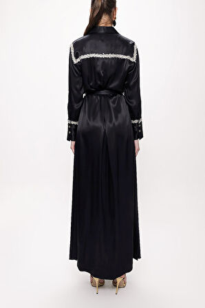 Siyah Şerit aksesuarlı kemerli uzun gömlek elbise 94153 | S