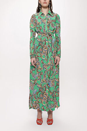 Yeşil Kolları büzgülü gömlek elbise 94170 | S