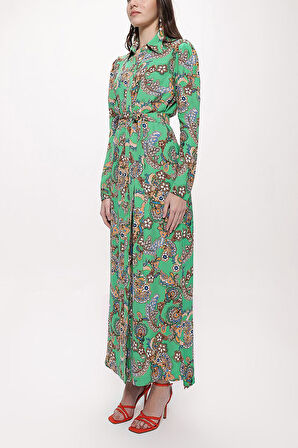 Yeşil Kolları büzgülü gömlek elbise 94170 | S