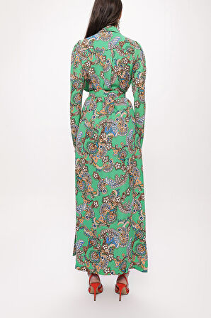 Yeşil Kolları büzgülü gömlek elbise 94170 | S