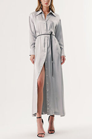 Gri Sırtı bluzan detaylı bele oturan gömlek elbise 94178 | M