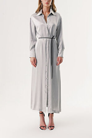 Gri Sırtı bluzan detaylı bele oturan gömlek elbise 94178 | M