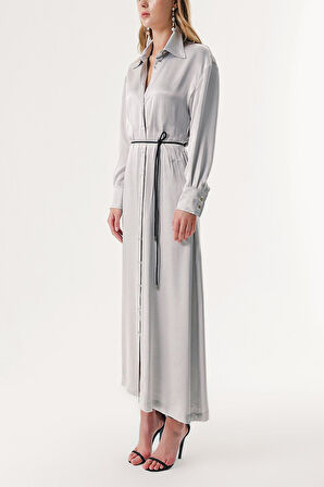 Gri Sırtı bluzan detaylı bele oturan gömlek elbise 94178 | M