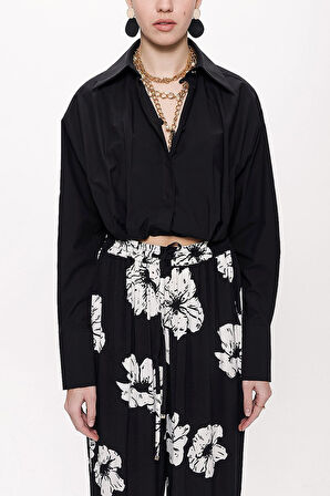 Siyah Bol kesim lastik detaylı gömlek 10818 | L