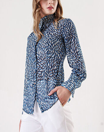 Mavi Lacivert Baskılı şifon gömlek 10819 | M