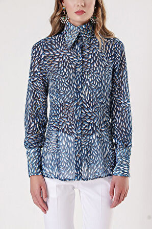 Mavi Lacivert Baskılı şifon gömlek 10819 | S