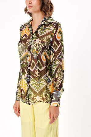 Haki Siyah Baskılı şifon gömlek 10819 | L