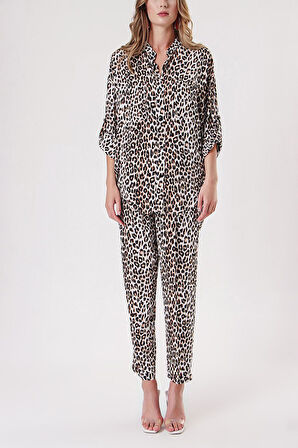 Leopar Bol kesim gömlek ve beli lastikli pantolunlu takım 12308 | M