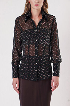 Siyah Bej Baskılı şifon gömlek 10819 | M