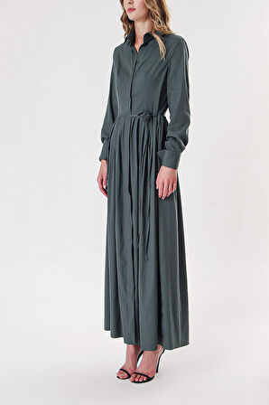 Yeşil Pili detaylı uzun gömlek elbise 94149 | S