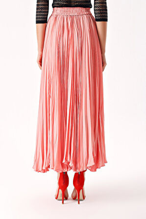 Pembe Düğme detaylı piliseli uzun etek 81225 | L