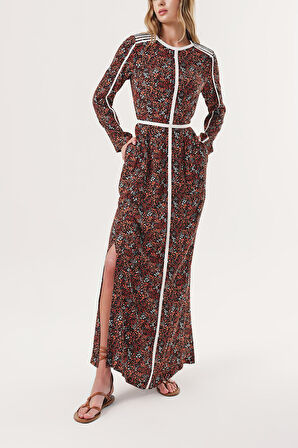 Turuncu Kontrast biye detaylı uzun elbise 94110 | S