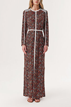 Turuncu Kontrast biye detaylı uzun elbise 94110 | S