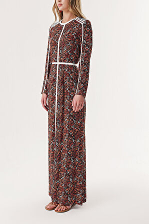 Turuncu Kontrast biye detaylı uzun elbise 94110 | S