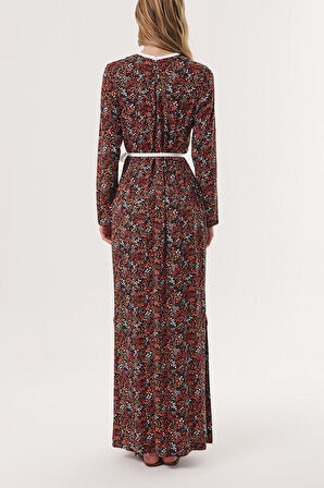 Turuncu Kontrast biye detaylı uzun elbise 94110 | S