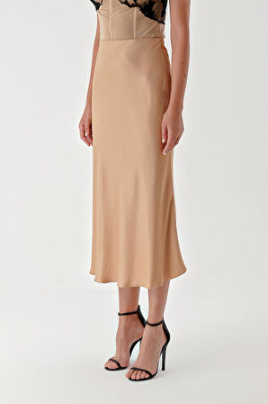 Bej Beli lastikli  etek 81248 | L