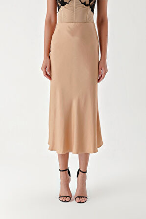 Bej Beli lastikli  etek 81248 | S