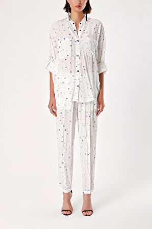 Desenli Bol kesim gömlek ve beli lastikli pantolunlu takım 12308 | L