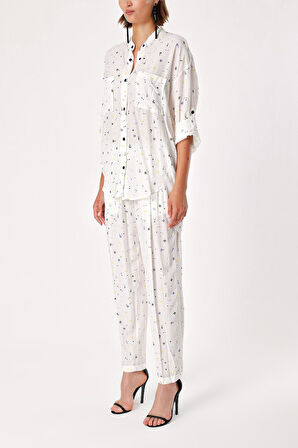 Desenli Bol kesim gömlek ve beli lastikli pantolunlu takım 12308 | L