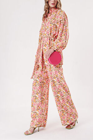 Desenli Bol kesim gömlek ve beli lastikli pantolunlu takım 12307 | S