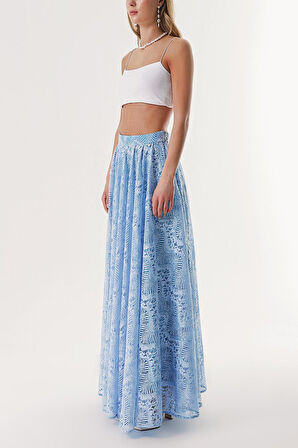 Mavi Fermuarlı uzun dantel etek 81240 | S