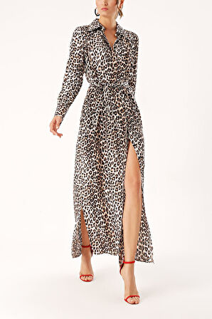 Leopar Büzgü detaylı gömlek elbise 94299 | L