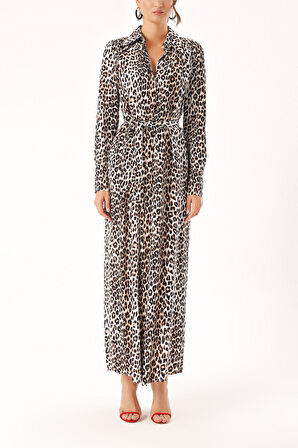 Leopar Büzgü detaylı gömlek elbise 94299 | L
