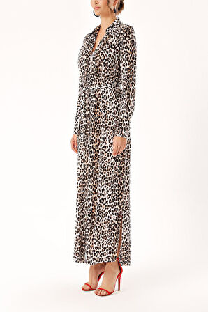 Leopar Büzgü detaylı gömlek elbise 94299 | L