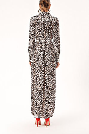 Leopar Büzgü detaylı gömlek elbise 94299 | L