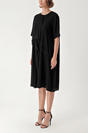 Siyah Kontrast dikiş detaylı bol kesim elbise 94277 | L