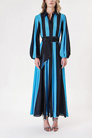 Siyah Mavi Kontrast renkli gömlek elbise 94302 | S