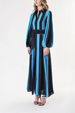 Siyah Mavi Kontrast renkli gömlek elbise 94302 | S