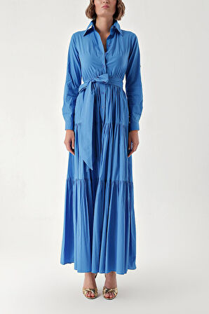 Mavi Büzgülü gömlek elbise 94241 | S