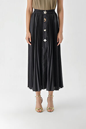 Siyah Piliseli ve aksesuar detaylı uzun etek 81256 | M