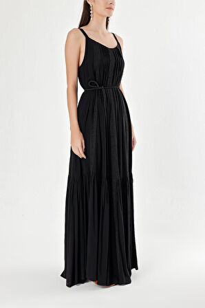 Siyah Kolsuz dantel detaylı vual elbise 93928 | L