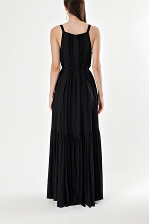 Siyah Kolsuz dantel detaylı vual elbise 93928 | L