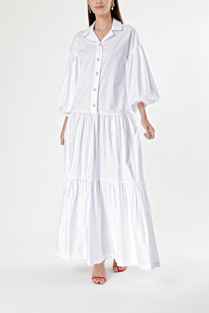 Beyaz Balon kollu büzgülü uzun elbise 94227 | M