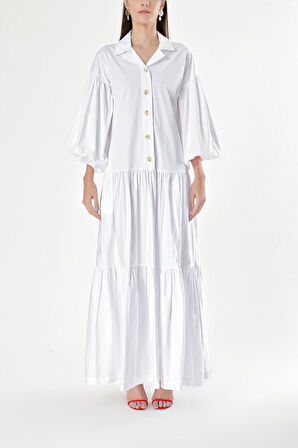 Beyaz Balon kollu büzgülü uzun elbise 94227 | M