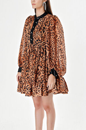 Leopar Büzgülü kısa elbise 94240 | M