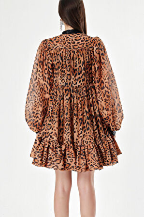 Leopar Büzgülü kısa elbise 94240 | M