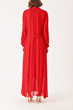 Kırmızı Pilise detaylı uzun şifon elbise 94303 | M