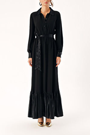 Siyah Beli lastikli büzgülü uzun elbise 94289 | M