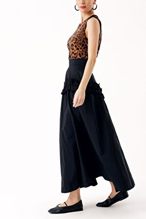 Siyah Büzgü detaylı midi boy valonlu etek 81241 | L