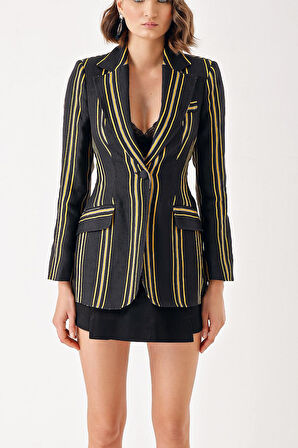 Siyah Çizgili keten blazer ceket 61168 | L