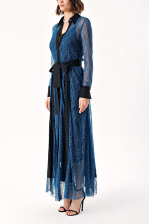 Mavi PLİSELİ DANTELLİ UZUN GÖMLEK ELBİSE 94305 | L