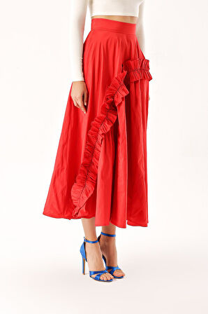 Kırmızı Büzgü detaylı midi boy valonlu etek 81241 | M