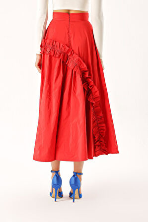 Kırmızı Büzgü detaylı midi boy valonlu etek 81241 | M