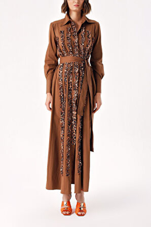 Kahve Şerit fırfır detaylı uzun gömlek elbise 94352 | S