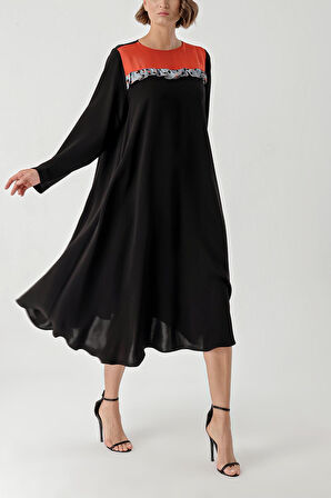 Siyah Garni detaylı bol kesim elbise 94361 | L